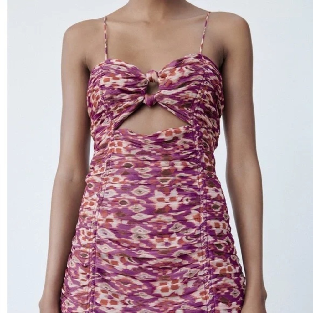 New Zara Printed Rouched Knotted Printed Purple Mini Spaghetti Strap Dress XS